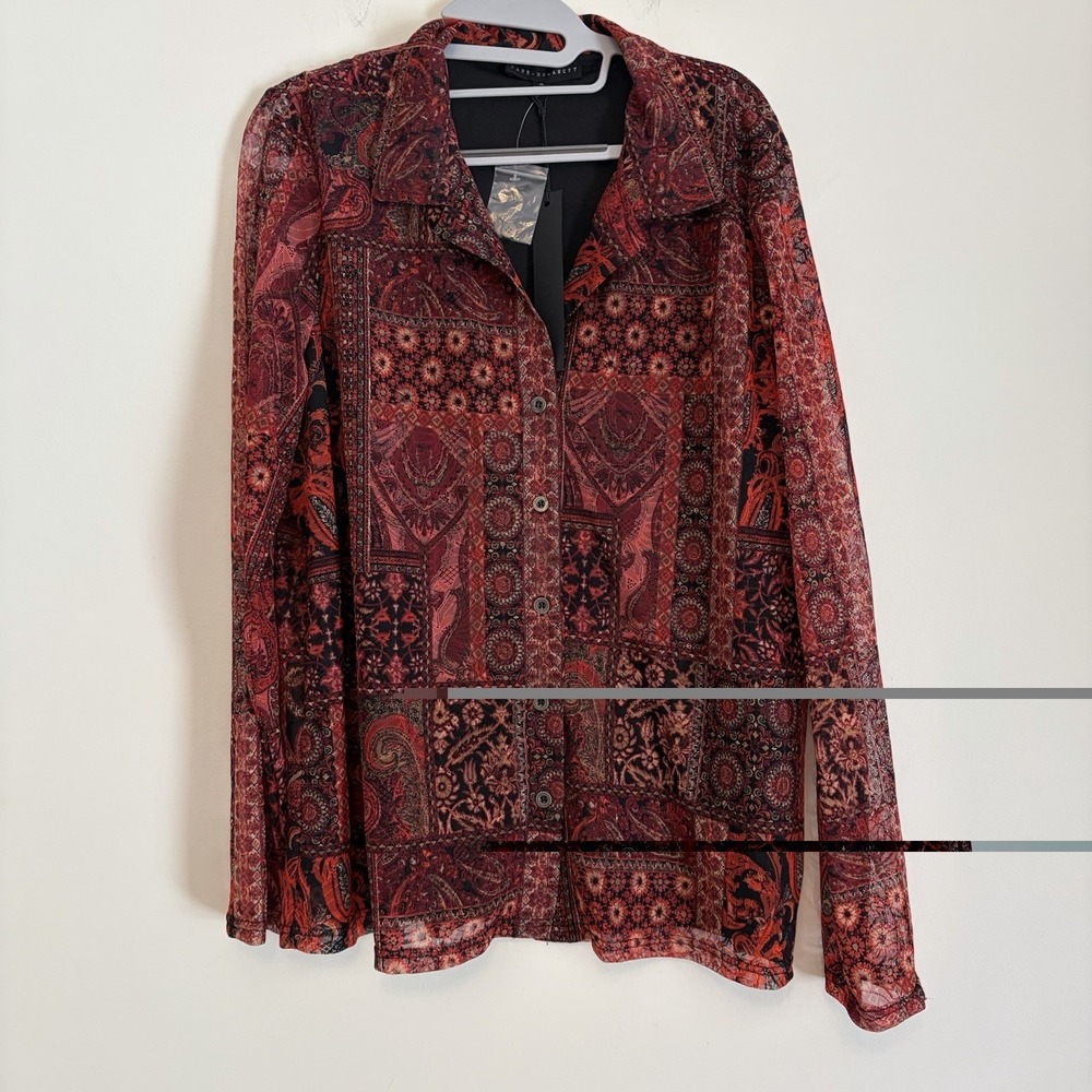 Jane + Delancey XL Long Sleeve Mesh Button Top Red Black Paisley Mixed Print NWT